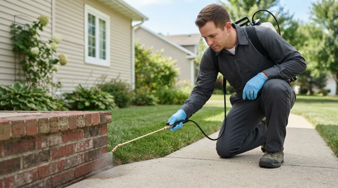 Pest control technician treating a home near Prairieton, IN