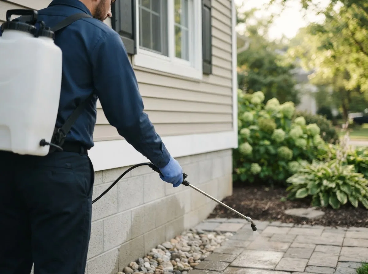 Pest control technician inspecting a home in Prairieton, IN